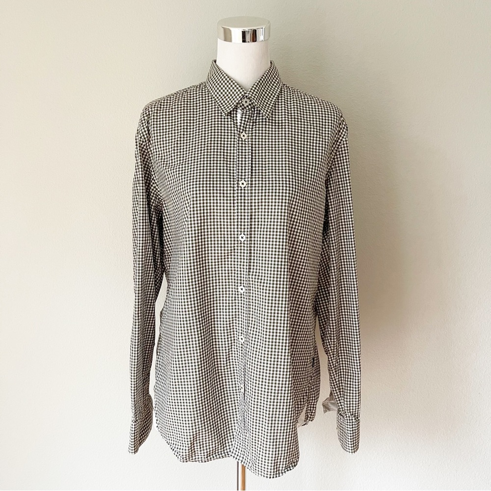 Boss Hugo Boss Plaid Olive Green Cotton Button Down Shirt Size L